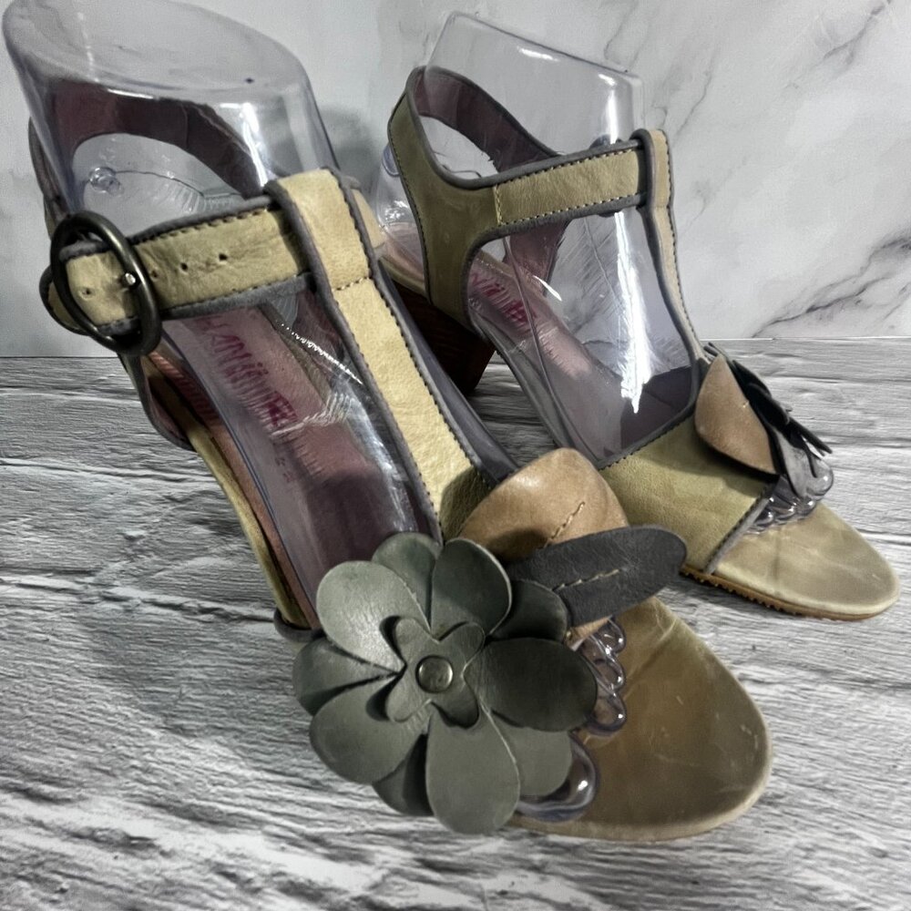 Chanii B Flower Leather Heeled Ankle T-Strap Sandals